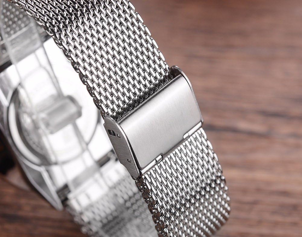 Reloj de pulsera con correa de malla tejida de acero inoxidable plateado para mujer, diseño simple, pantalla analógica, reloj de cuarzo, Púrpura, Reloj de cuarzo 6
