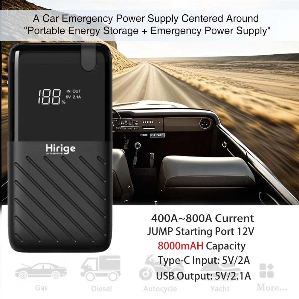 8000Ah 12 Volt Ultra-Safe Portable Lithium Battery Car Jump Starter Kit, Jump Starter Power Bank and Booster Cables for Up to Petrol Engines