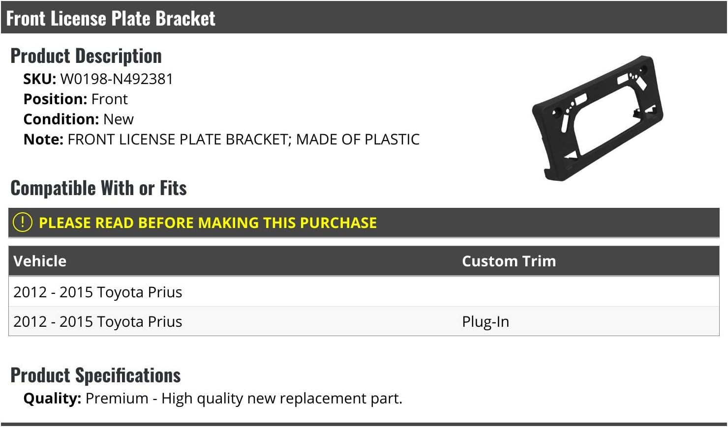 Front License Plate Bracket - Compatible with 2012 2015 Toyota Prius
