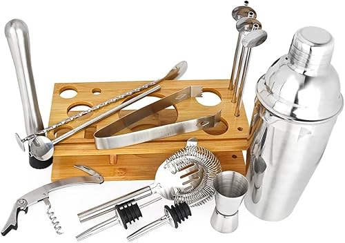 Doaf - Conjunto de Coqueteleira Inox com 13 Peças + Suporte Madeira Prata