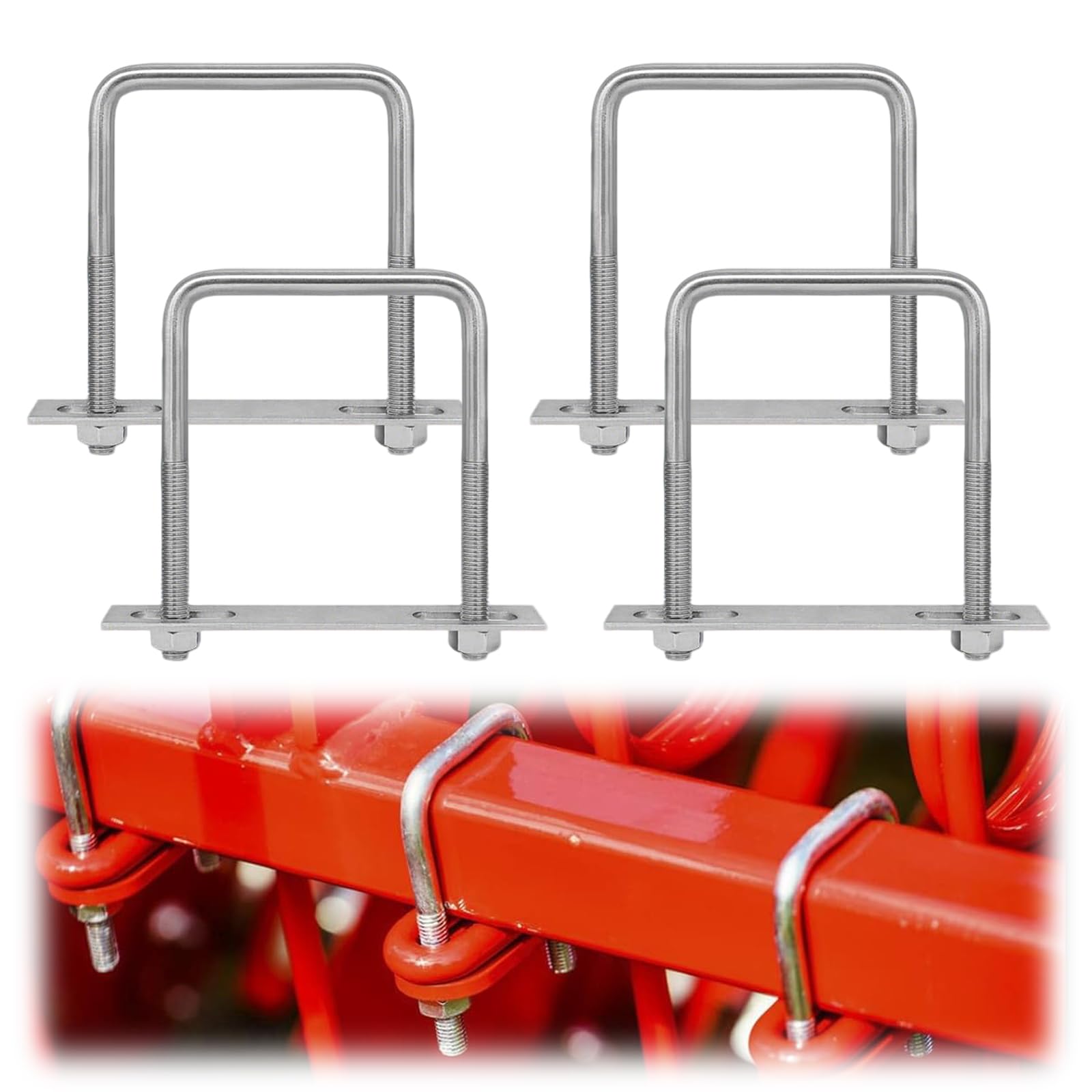 YUZHEDM Pack of 4 M8 U-bolts, bow clamps, square U-bolts, 304 stainless steel U-bolts with nut plate, bracket clamp, fence attachment for roof box, car, pipe towing for trailers, trucks
