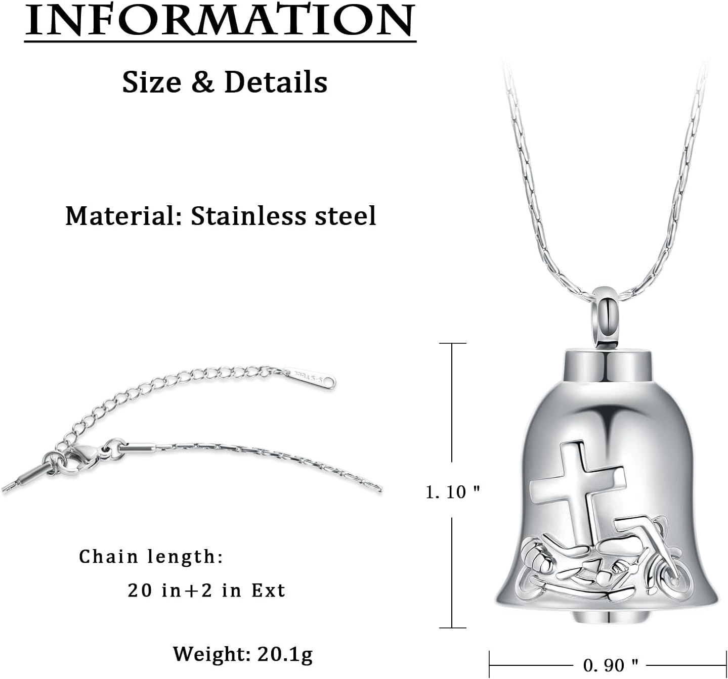 constantlife Bell Urn Necklace for Ashes Cross Motorcycle Memorial Pendant Cremation Jewelry Human Pet Ash Holder Keepsake Gift for Men Women