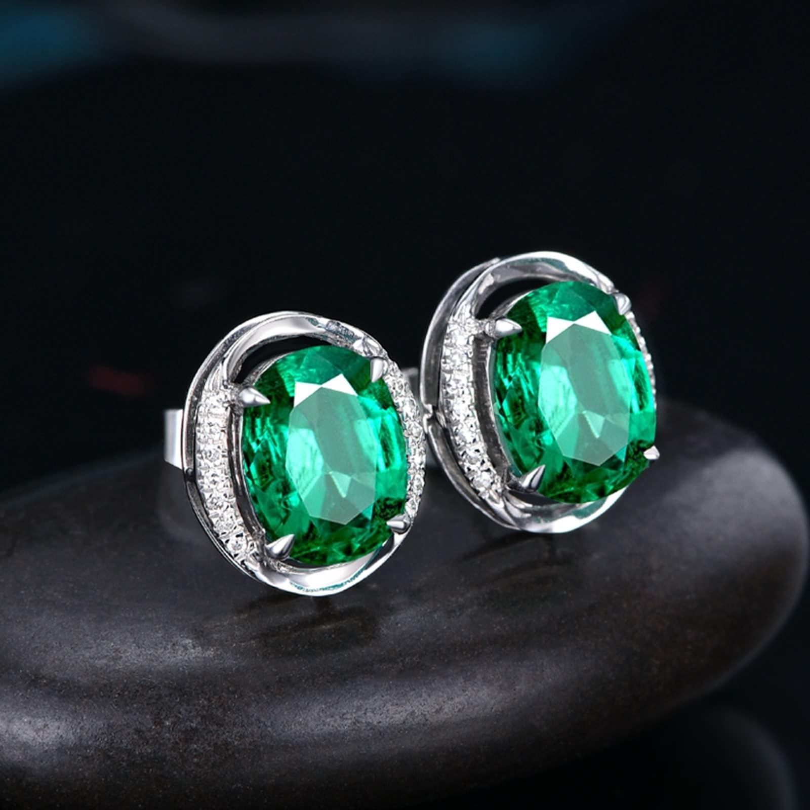 Ohrringe Frauen Weißgold 9k/14k/18k, Damen Ohrstecker mit Smaragd und Diamant, Echtschmuck für Hochzeit Braut