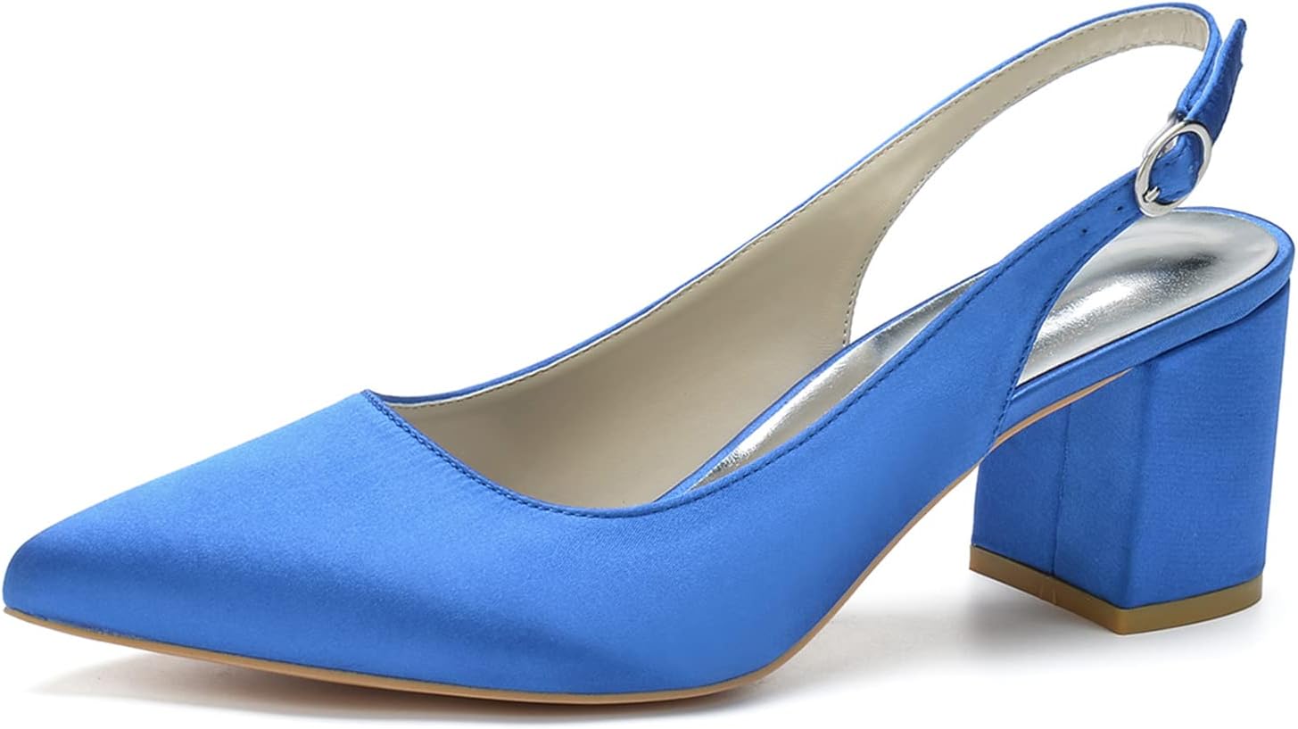 Womens Slingback Closed Pointed Toe Heels Satin Strap Block Chunky Heel Office Bridal Pumps Shoes
