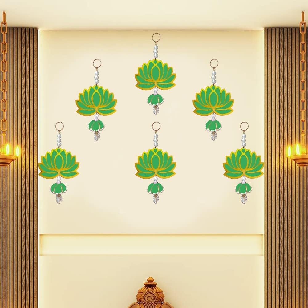 Lotus Green Jhumka Wall Decor Hanging Set of 6 - Diwali Showpiece Gift Home Temple Pooja Festival Wedding Marriage Stage Decoration
