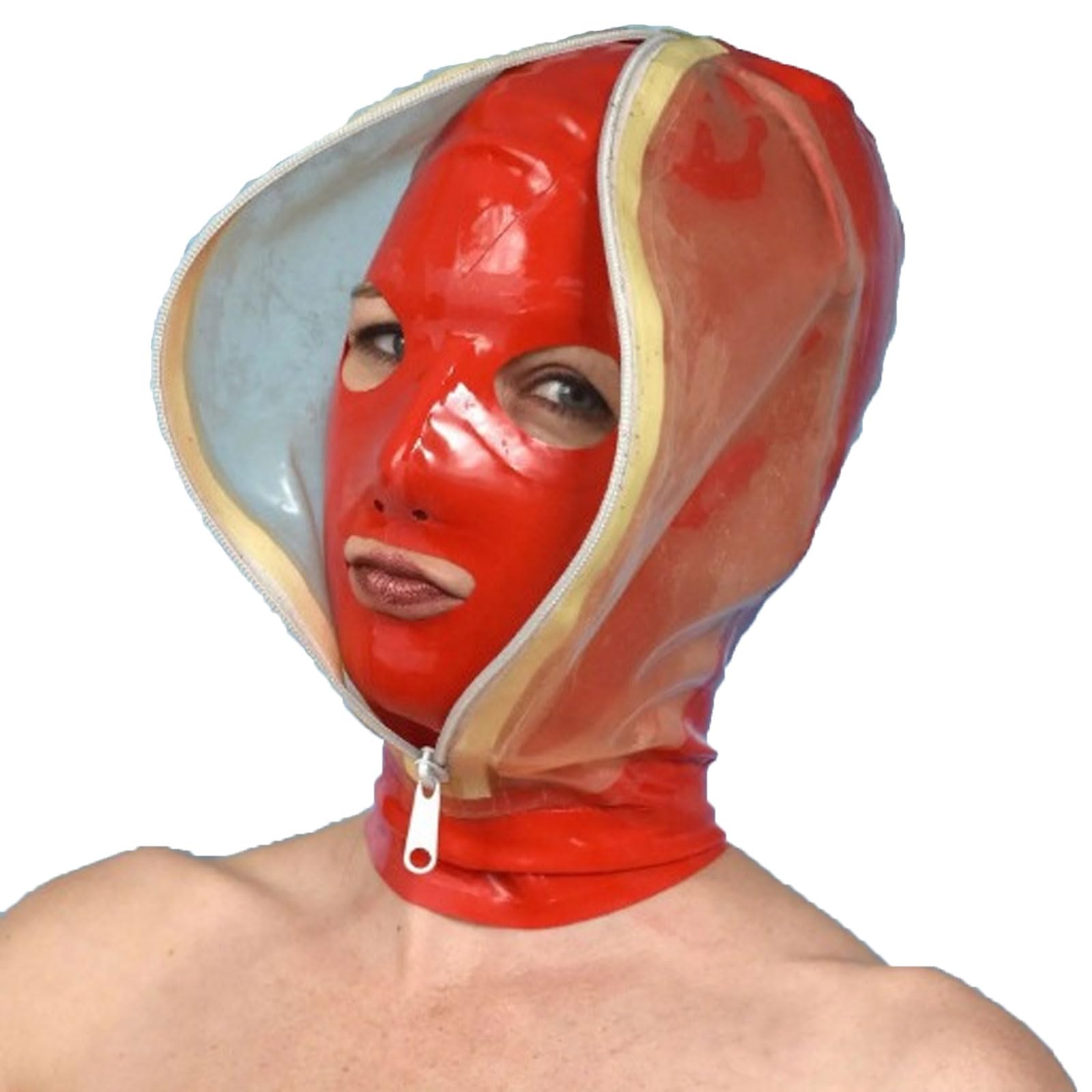 DSPENGS Latex Hood Red Rubber Head Mask Open Eyes Mouth Back Zipper Handmade Natural latex for Cosplay(Size:XL-64CM)