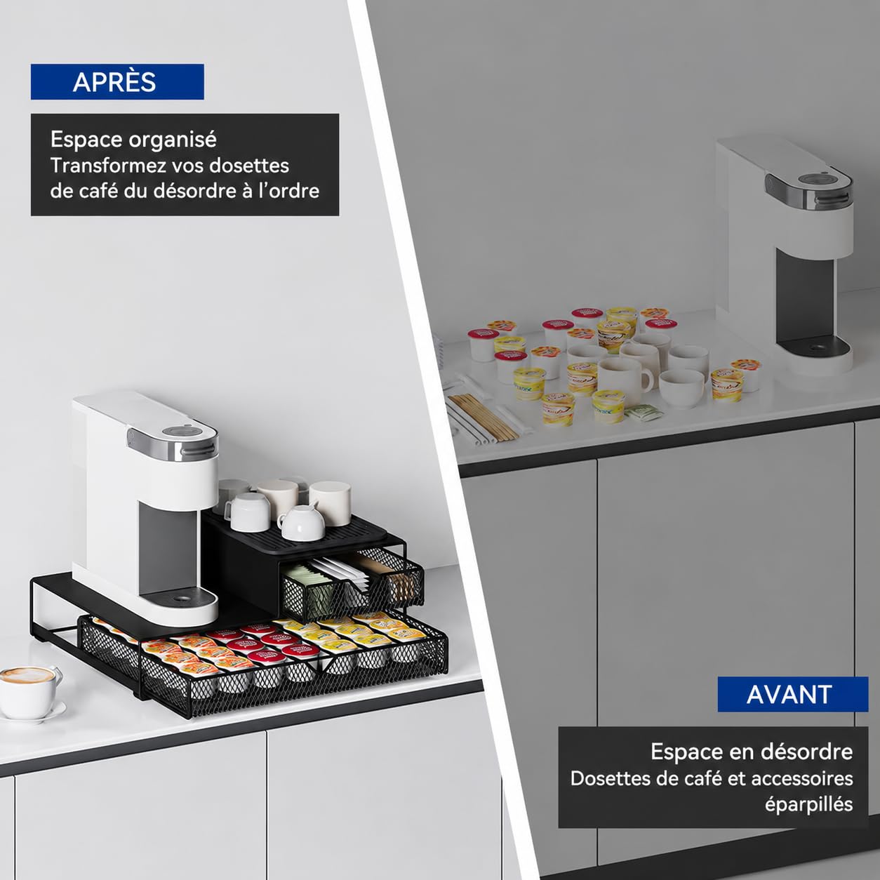Support de machine à café avec tiroirs, porte capsules, rangement ddosettes, distributeur/organisateur capsules