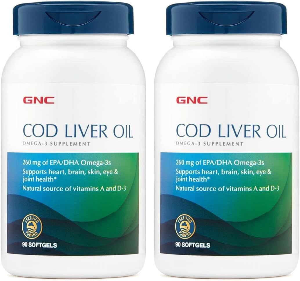 GNC Cod Liver Oil Omega 3 Supplement, 260mg EPA and DHA, Supports Heart, Brain, Skin, Eye and Joint Health, 90 Softgels (Pack of 2)