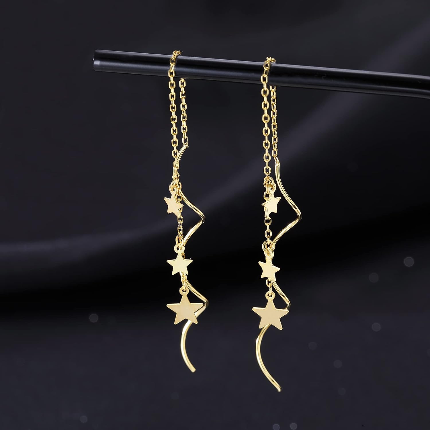 SLUYNZ Sterling Silver Stars Dangle Earrings Chain for Women Teen Girls Curve Stars Dangle Earrings Long Threader