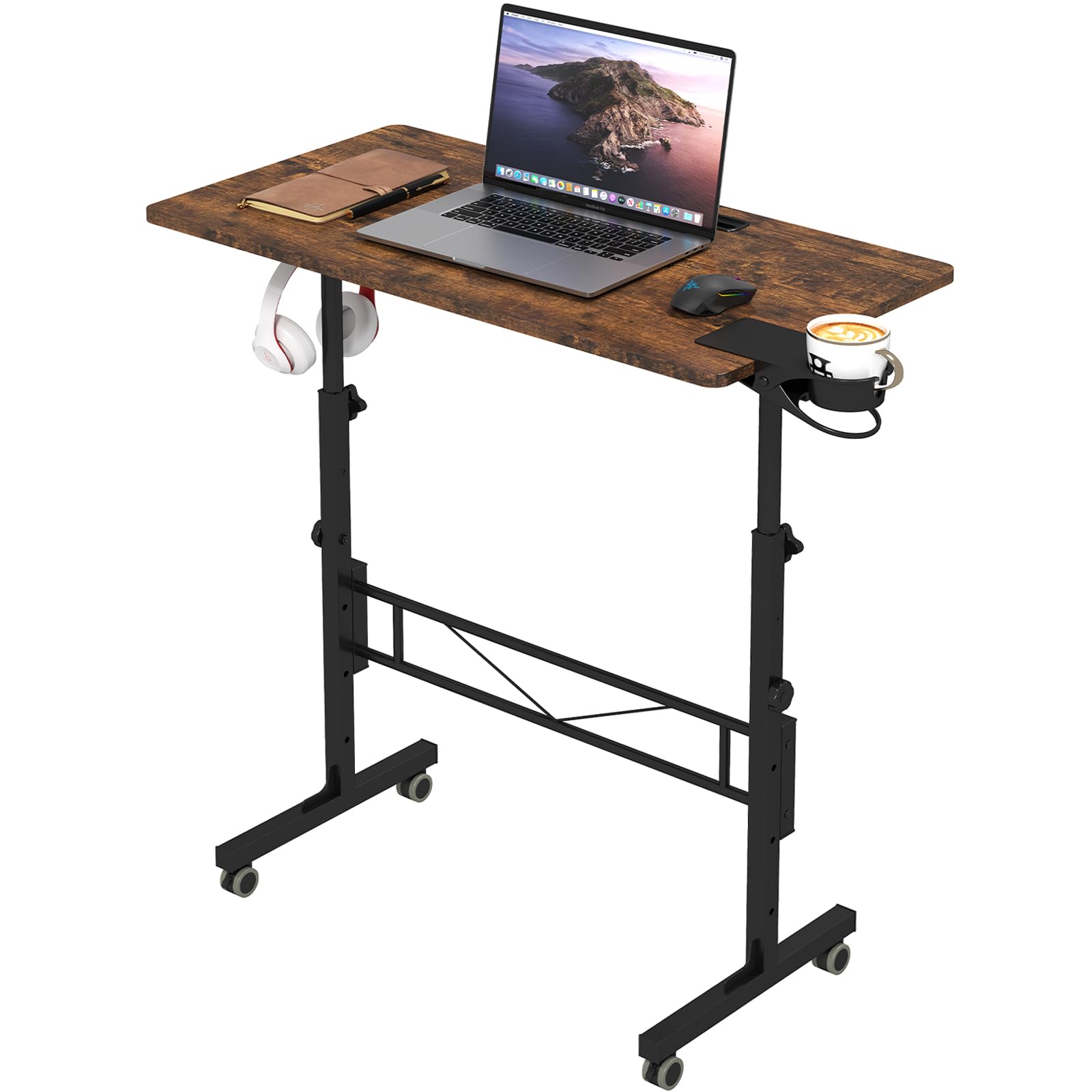 Hadulcet Small Standing Desk Adjustable Height, Rolling Desk for Standing or Sitting, Portable Computer Desk for Walking Pad, Rustic Brown