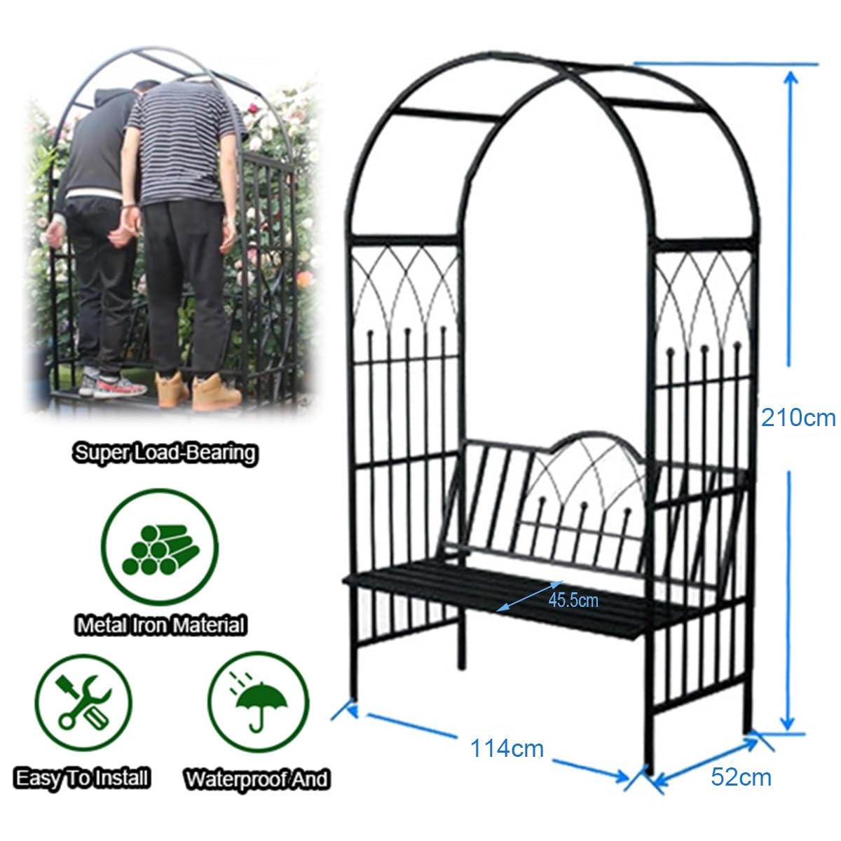 Arco Piante Rampicanti Arco Ferro Garden Decoration Arco per Rose Arbor Flower Stand con panchina 114x52x210cm per Feste di Matrimonio