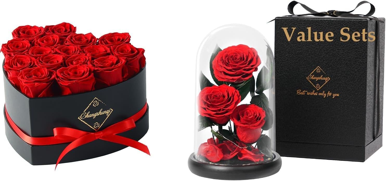 16 Flower Forever Heart Shape Box & Forever Roses in Acrylic Dome - Preserved Roses Gift for Her Girlfriend Valentines's for Mom Wife Grandma