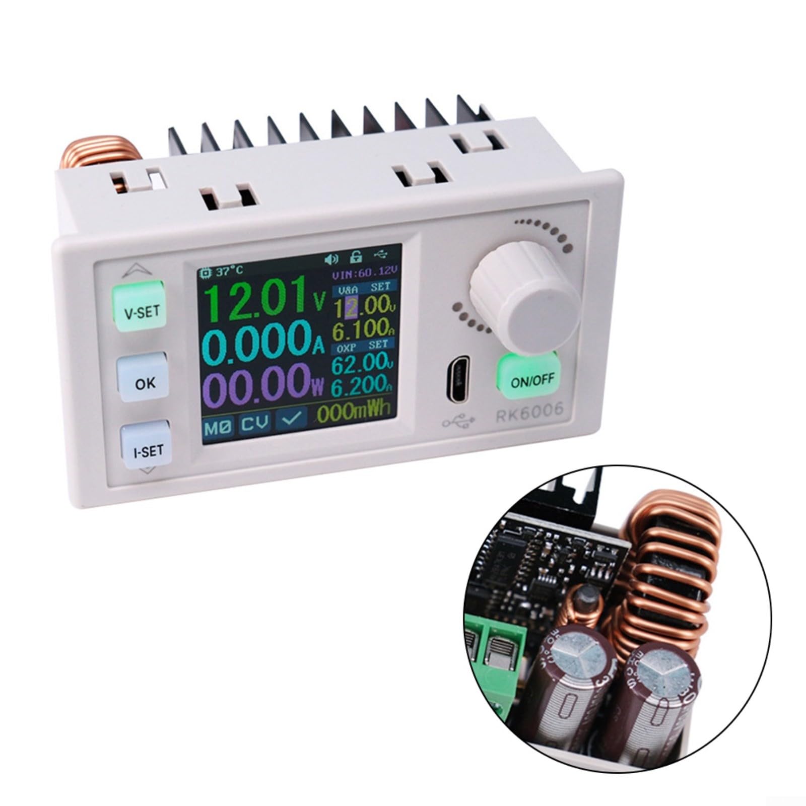 RK6006 Alimentatore di rete regolabile 0-60V 0-6A 360W con LCD da 1,54", convertitore DC per controllo PC/app, protezione da sovratensione, aggiornamento firmware (RK6006)