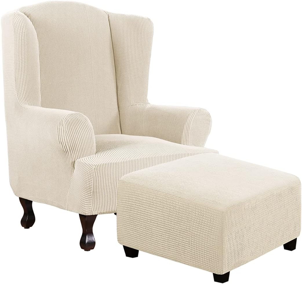 H.VERSAILTEX 1 Piece Wing Chair Covers Bundles Square Ottoman Slipcovers, Natural