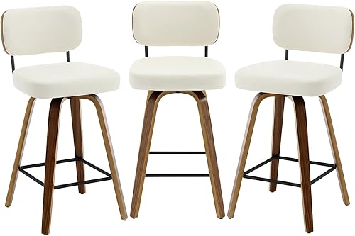 Miniatura 15 de Bekrvio Juego de 3 taburetes de bar giratorios de altura de mostrador, taburetes de bar tapizados de piel sintética con respaldo de ratán, sillas de