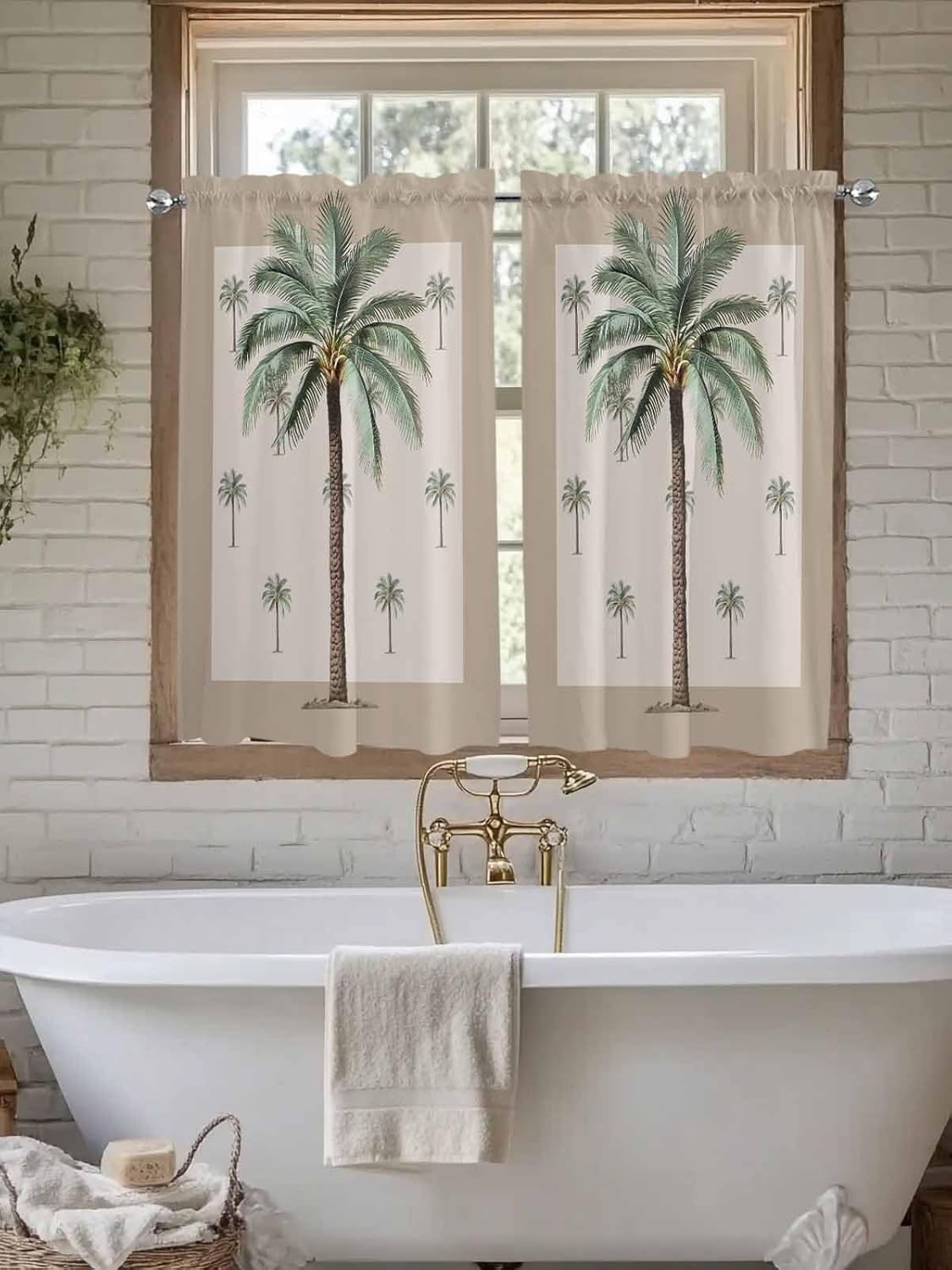 Kitchen Curtain 45 Inch Length, Tropical Beach Holiday Palm Tree Small Short Cafe Tiers Curtains Drape, 2 Panels Window Treatment Rod Pocket Drapery Curtains 55x45
