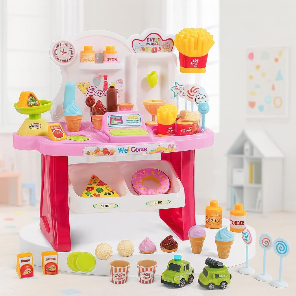 E Royal Shop Pretend Play Mini Supermarket Toy Candy Sweet Shopping Cart, Pretend Play Kitchen Set Kids Toys for Boys and Girls (Home Supermarket) Ice Cream Set Toy for Kids