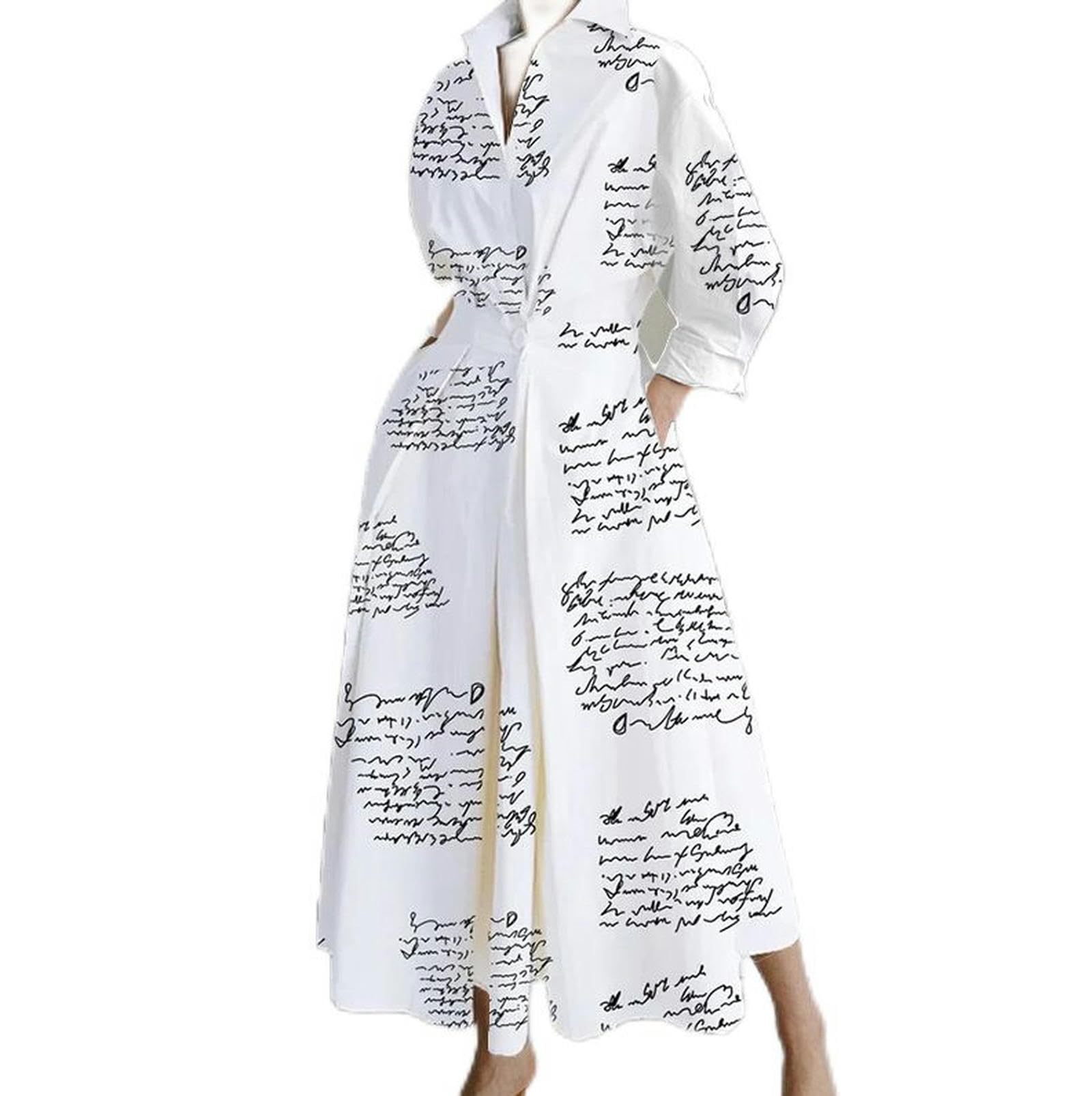 Wszjln Women's Newspaper Autumn Printed Temperament Long-Sleeved Shirt Dress For -Xl