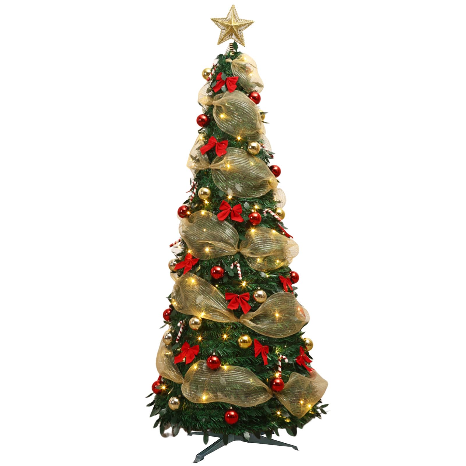 Árbol de Navidad plegable, 1,2 m/1,5 m, árbol de Navidad emergente con luz LED, árbol plegable, decorado con cinta y lazo, árbol de Navidad luminoso LED para decoración de vacaciones interiores (A-1,2