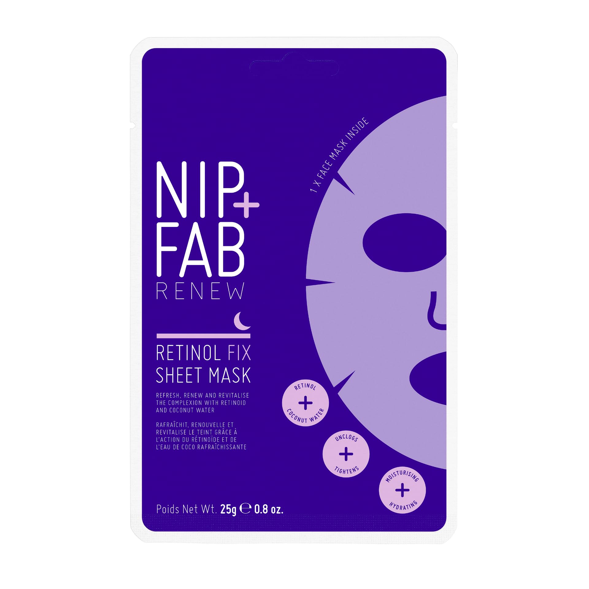 Nip + Fab Retinol Fix Sheet Mask for Face with Coconut Water, Edelweiss Flower Extract, Hydrating Gel Facial Mask for Refining Minimizing Pores, 24ml