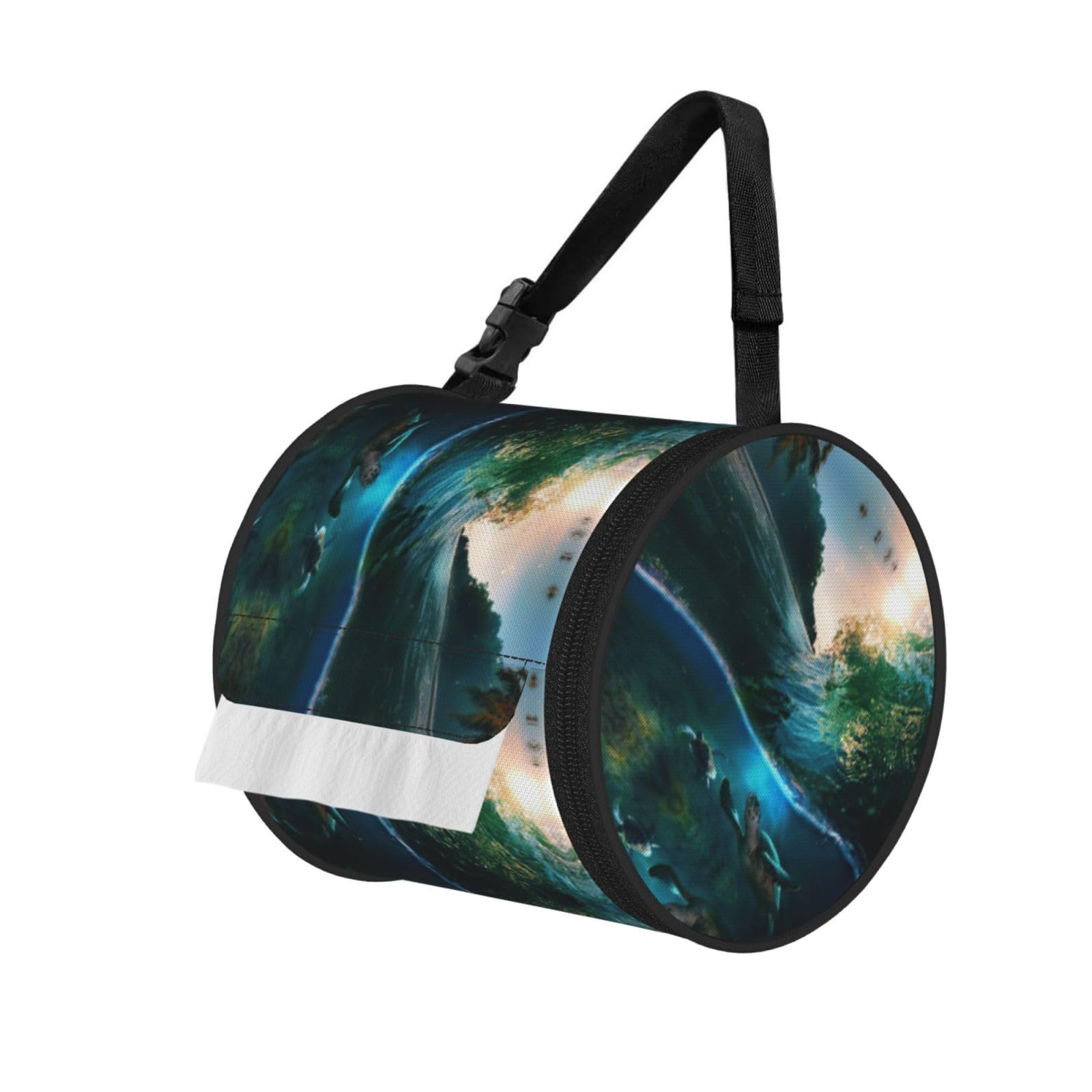 Palm Trees and Sea Turtles Diving Underwater Printed Hanging Tissue Organizer, Smooth Zipper Oxford Cloth Roll Holder for RV Bathroom Desk