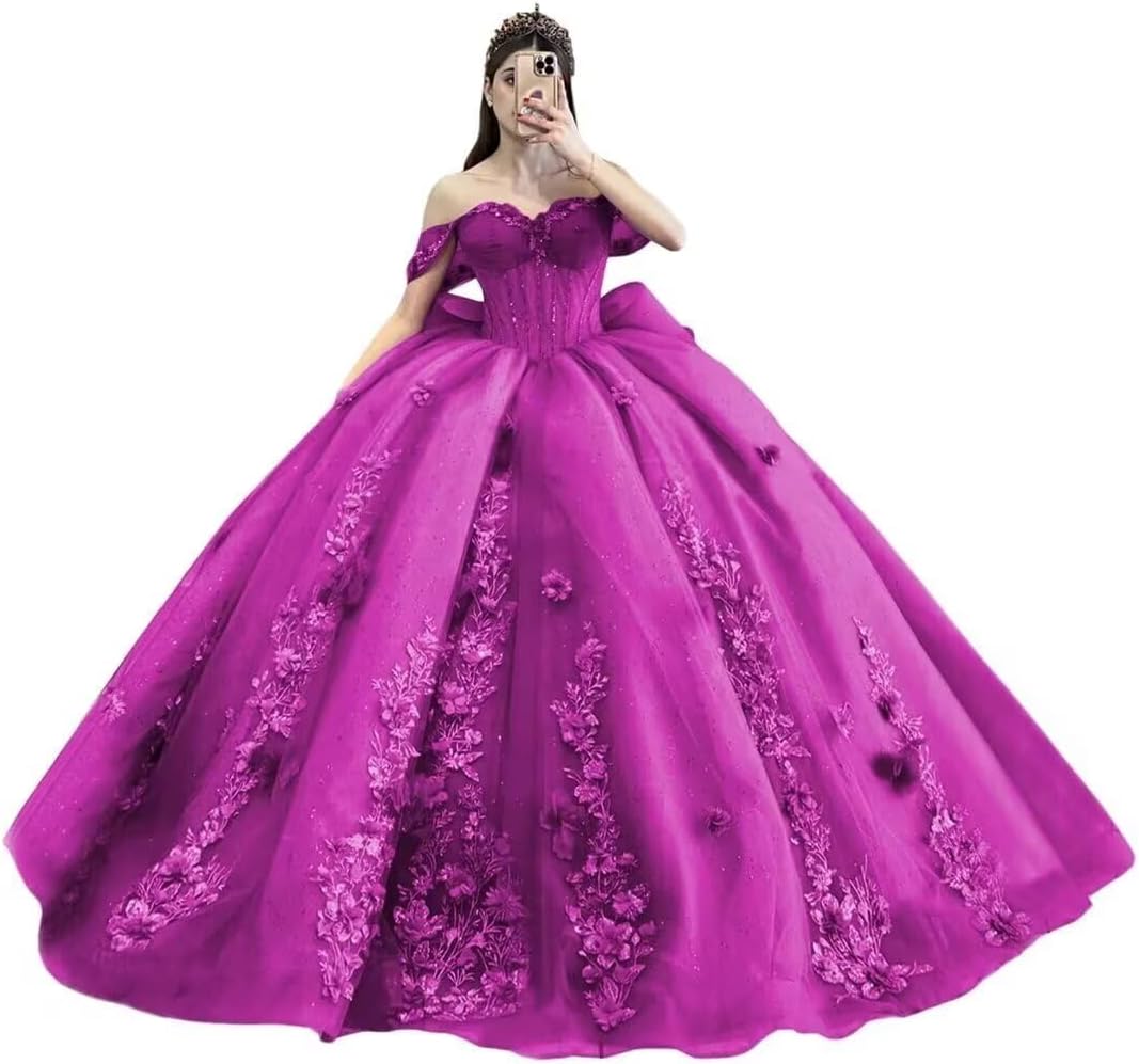 Women's Off Shoulder Quinceanera Dresses Puffy Tulle Sweet 16 Dress with Train Lace Beaded Ball Gowns with Bow