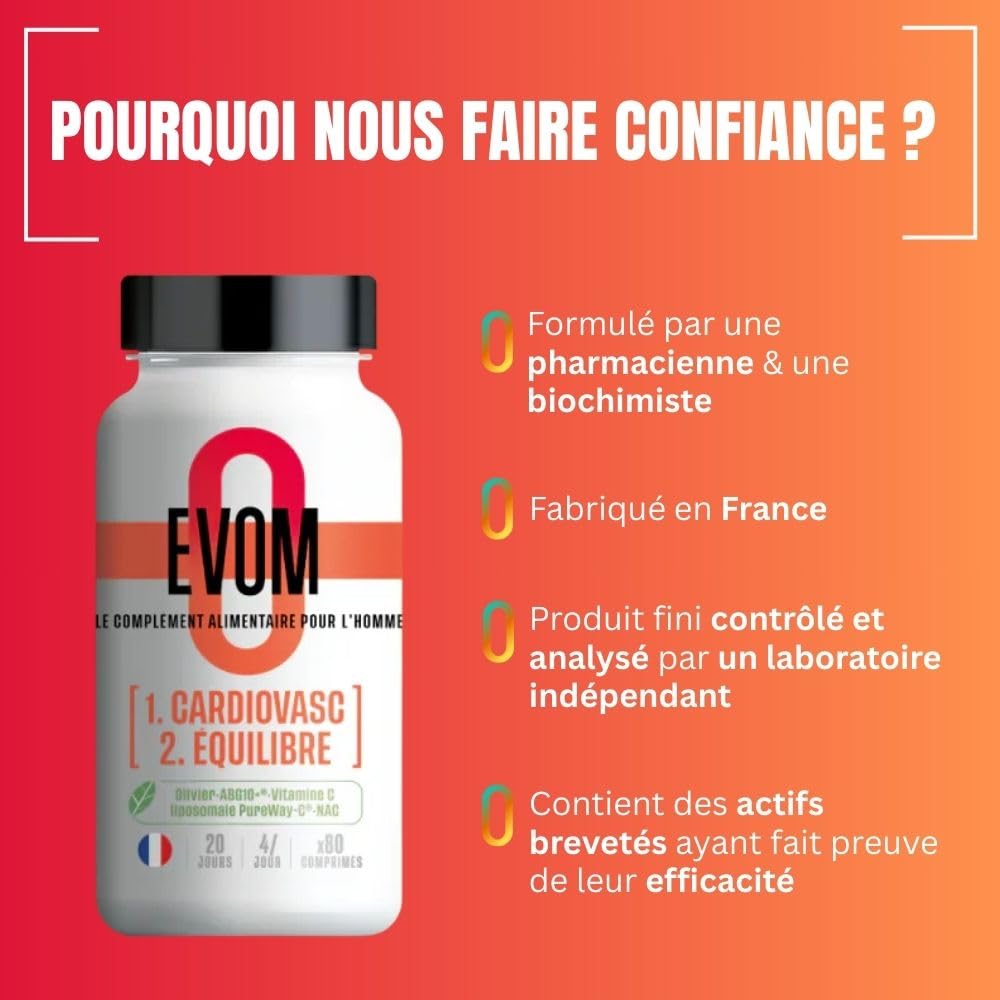EVOM CardioVasc Équilibre - Complément alimentaire coeur, cholestérol et tension - Ail Noir ABG10+®, Olivier BENOLEA®, Vitamine C liposomale, Cannelle, Cassis, NAC - 80 comprimés - Complément Hommes