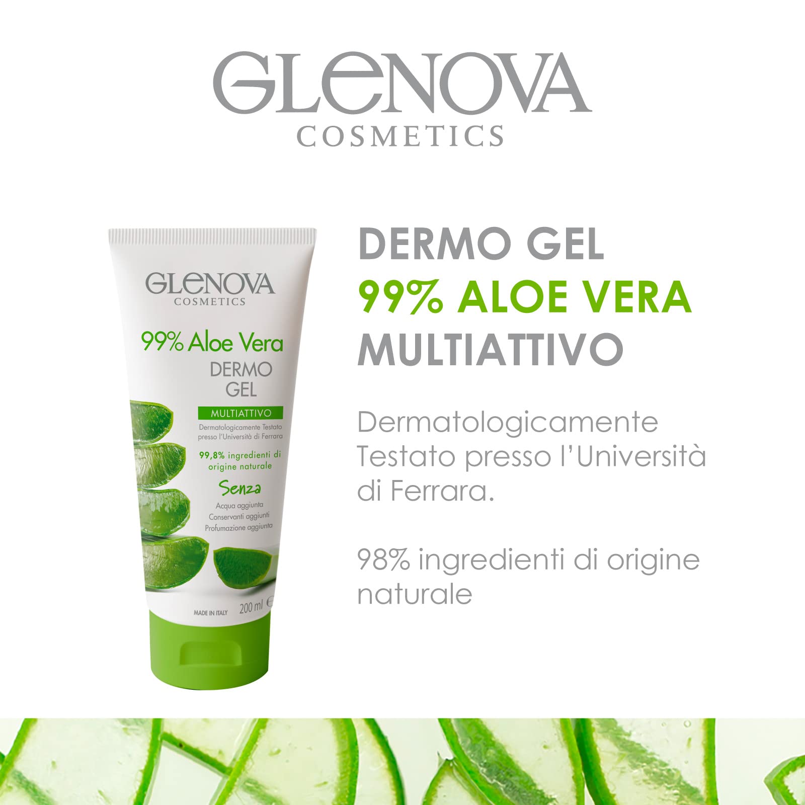 Glenova Cosmetics Dermo Gel Multiactive, 99% Aloe Vera, testowany dermatologicznie, bez konserwantów i perfum, butelka 200 ml
