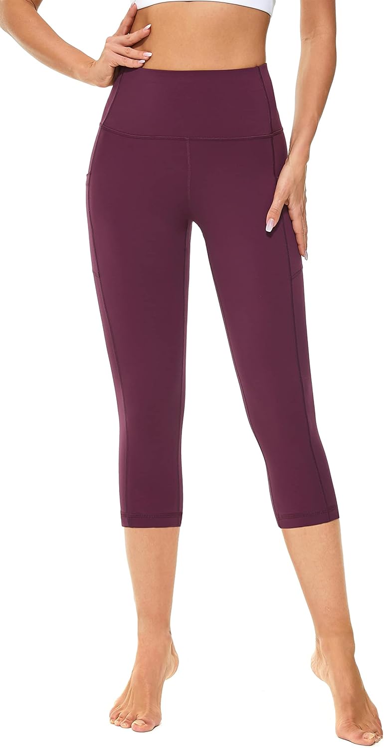 Sugar Pocket Women's High Waist Yoga Pants with Pockets,Workout Running Yoga Leggings for Women XL Dark Red Capri - Image 2