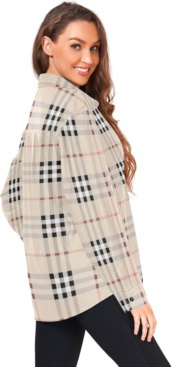 Black White Beige Checkered Plaid Woolen Cord Fabric Mens Rugby Shirts Long Sleeve for Women Business with Pockets