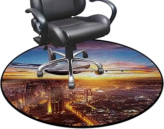 Orange Blue Soft Microfiber Polyester Non-Slip Round Mat/Runner, Plush Rug for Bathroom Vanity, Bathtub/Shower Plane on Air Night Scene Over City Image Diameter 43.3 in