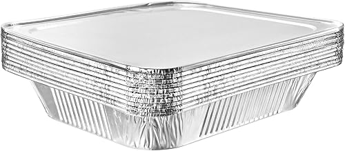 XIAFEI Sartenes de papel de aluminio de 9 x 13 con tapas (paquete de 10), sartenes desechables de papel de aluminio profundo de tamaño medio,
