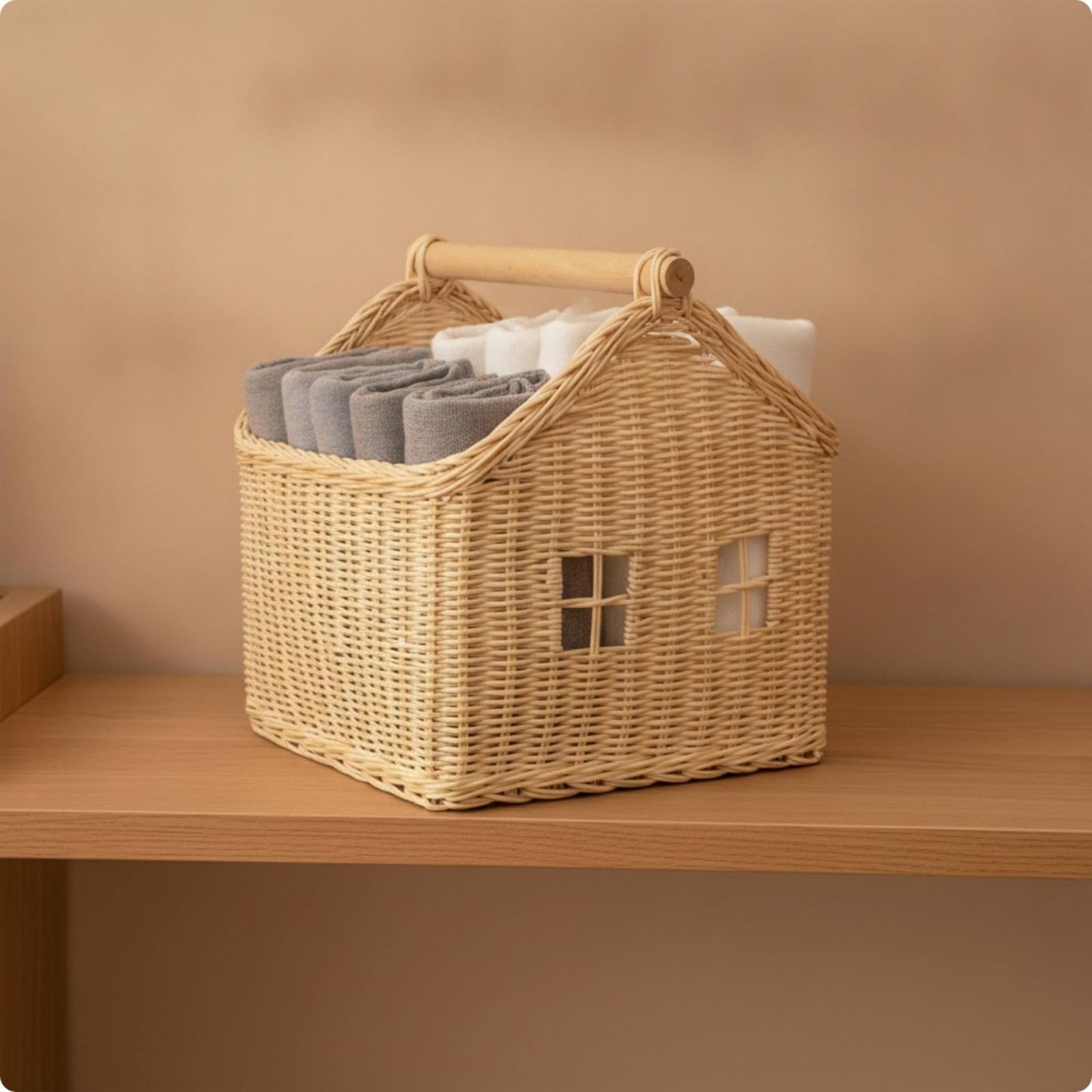 Cestino Portaoggetti Bambini Cesta Contenitore Organizzatore Cassetta Raccoglitore Intrecciato con Maniglia in Legno Leggera Trasportabile Adatto per Cameretta Libreria Tavolo, Grande