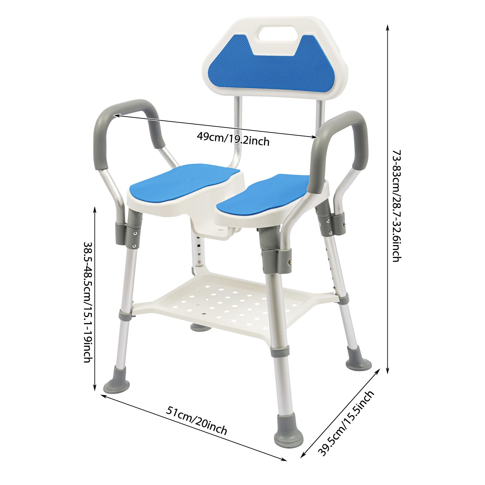 Taburete de ducha con respaldo, 5 niveles de altura regulable 38-48 cm, silla de baño con capacidad de carga de 150 kg, asiento de ducha con reposabrazos, asiento de ducha antideslizante