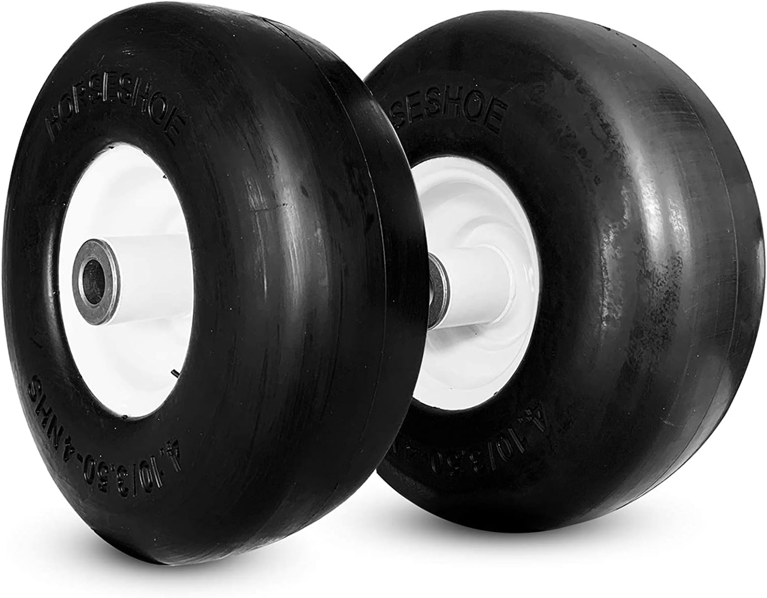 2 New HORSESHOE 4.10/3.50-4 Solid Flat-Free Lawn Mower 110-6785 Smooth Wheels w/Grease Fitting, Center Hub Length 4.25"-6", Installed 3/4" Grease Bushing with Extra 5/8" Bushing