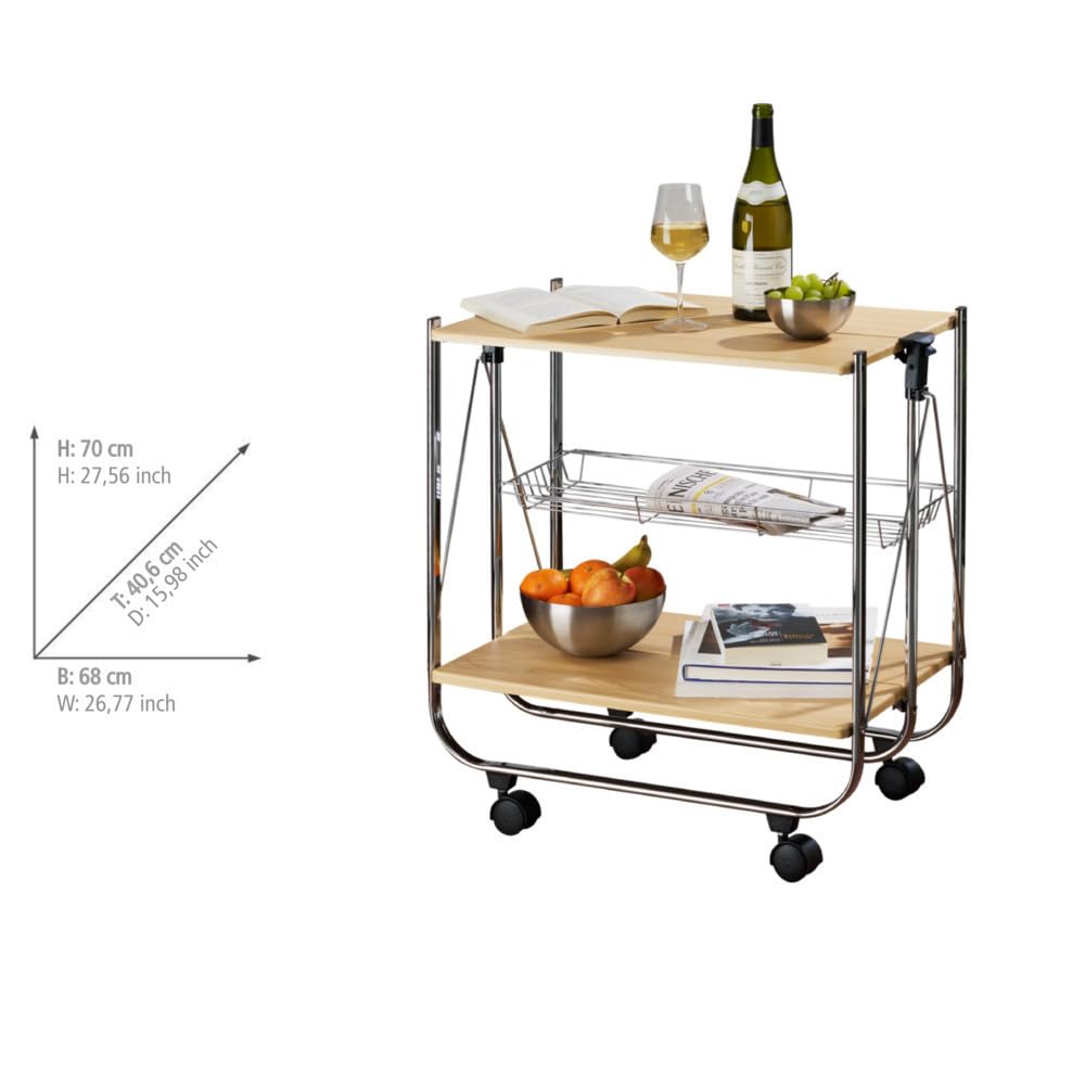 WENKO Chariot de Service Dinett Deluxe érable, 2 étagères & Panier grillagé allongé, avec 4 roulettes faciles à manier, Rabattable, en Acier chromé Robuste, Charge maximale 40 kg