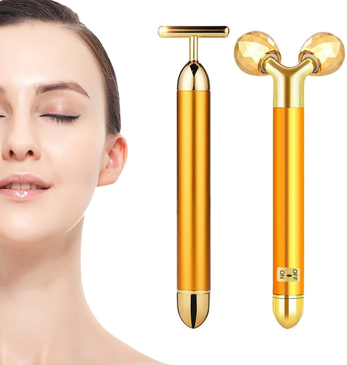 PriceXes 2 in 1 Beauty Bar 24k Golden Pulse Facial Face Massager, Electric T Shape and 3D Face Roller Massager Kit for Face Lift Anti Aging Anti Wrinkles Skin Tightening Face Firming