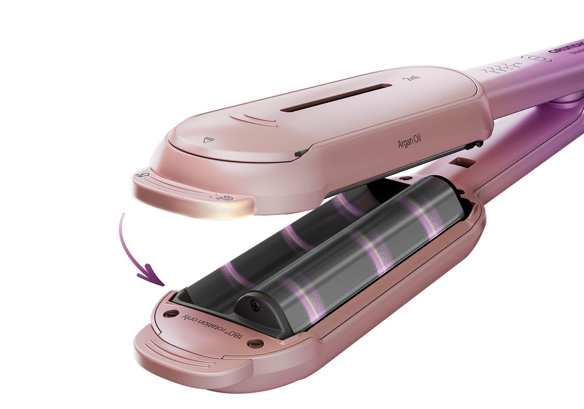 GRUNDIG HS 8331 BotanikaTwist 2 in 1 Hair Styler, piastre rotanti per lisciare e styling, tempo di riscaldamento rapido, regolabile da 150 °C a 210 °C, rivestimento in ceramica con olio di argan, rosa