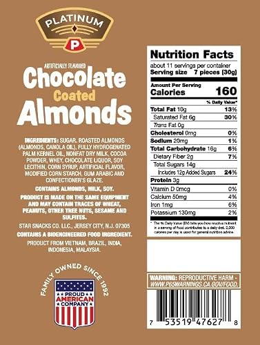 Platinum Chocolate Coated Almonds - With Protein & Fiber Healthy Snacks - Sweet & Salty Flavor - Nutritional Boost - Can Bring at Home, Work, Office, Gym & School - 12 oz Individual & Resealable Pouch