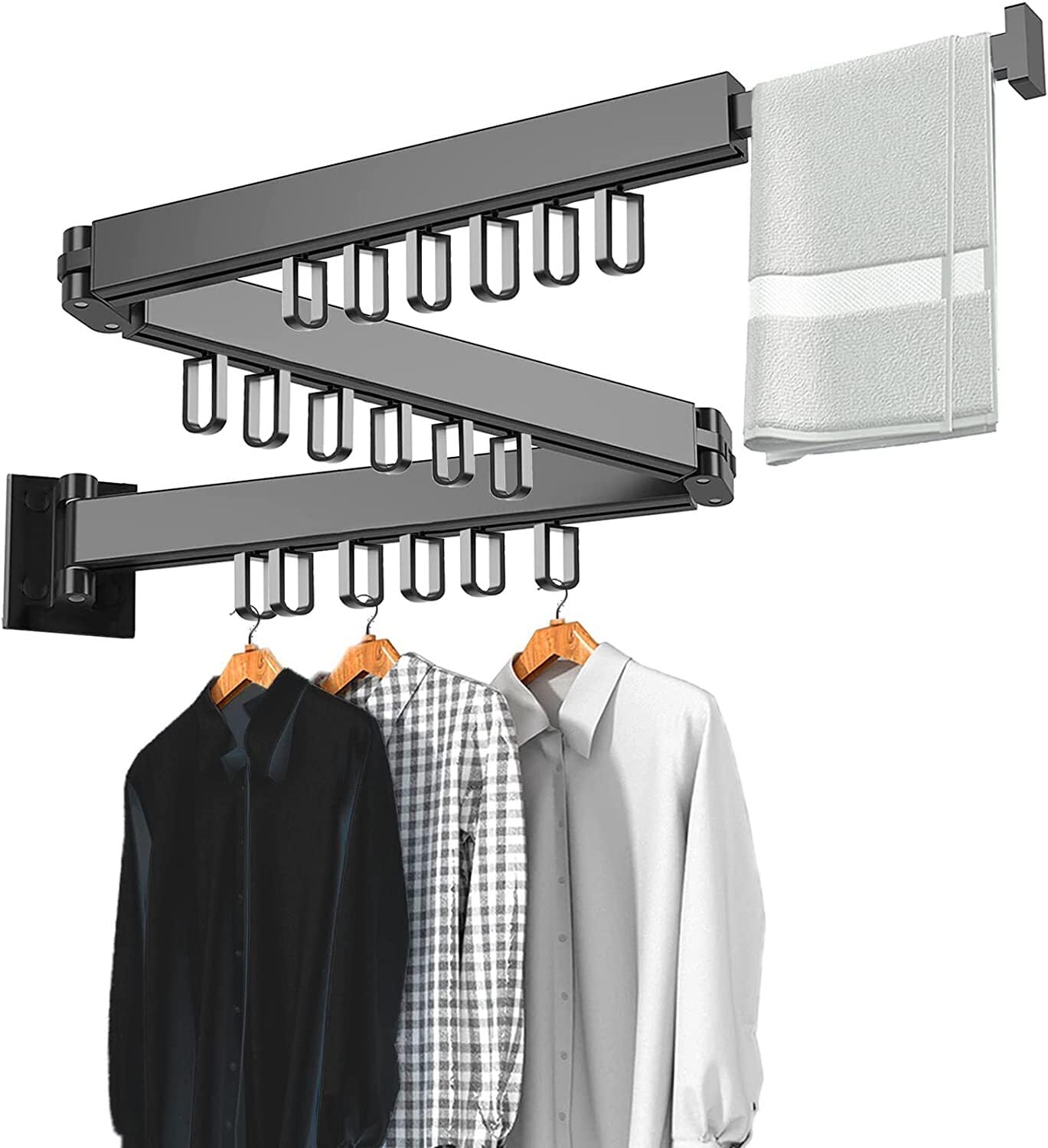 Clothes Drying Rack Wall Mounted, Foldable Clothes Airer with Hooks, Retractable Laundry Drying Rack Indoor Folding, Space Saver Clothes Drying Hanger Racks (Black - Three Rod - 114cm)