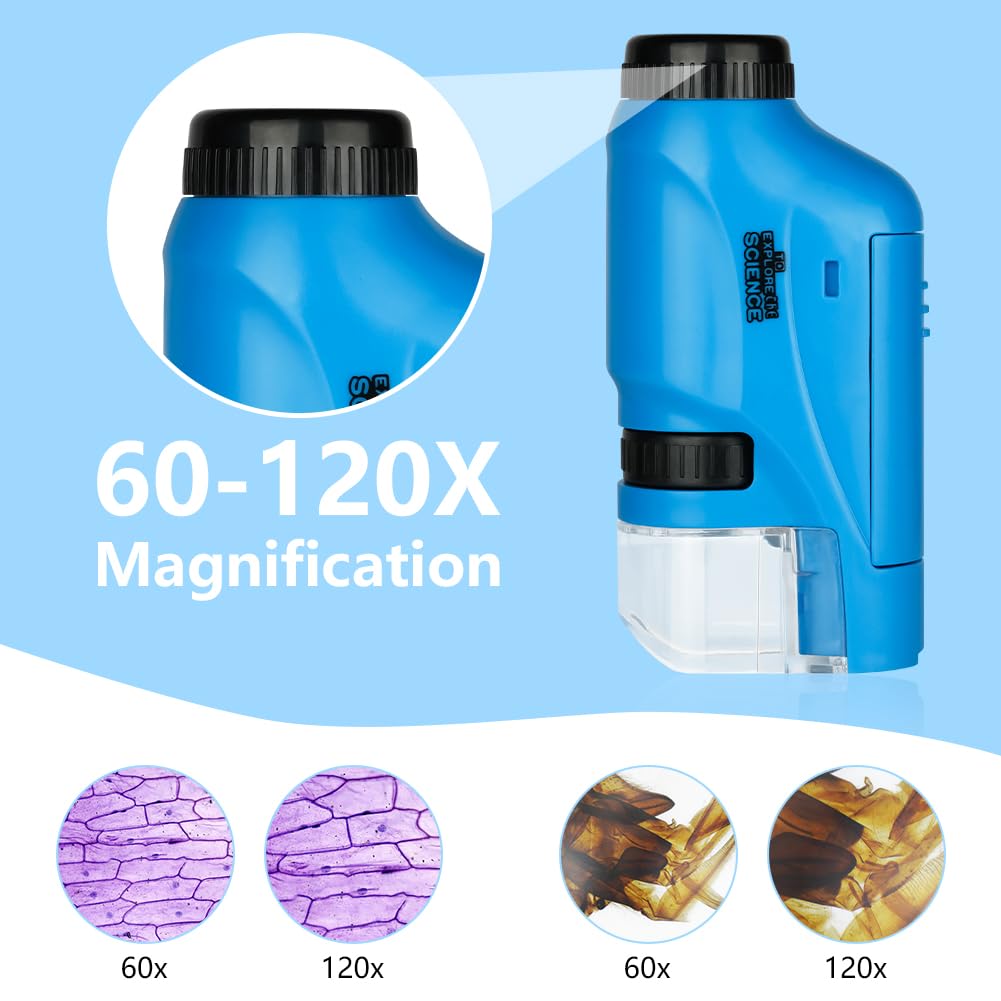OSDUE Mikroskop Kieszonkowy dla Dzieci, Przenośny 60x-120x Mini Zoom z Podświetleniem LED, Zabawka Edukacyjna, Prezent dla Uczniów i Przedszkolaków