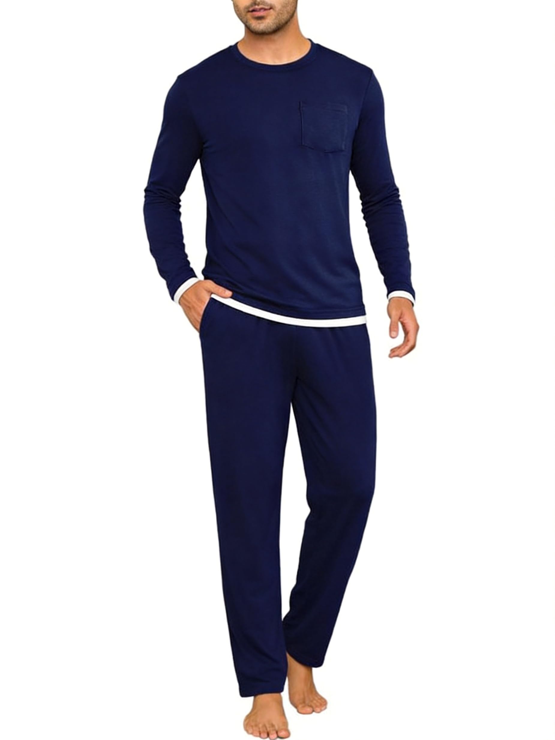 Litherday Schlafanzug Herren Lang Baumwolle Pyjama Herren Langarm Winter | Nachtwäsche Langarm Oberteil und Schlafanzughose mit Taschen Hausanzug Sleepwear Loungewear für Männer