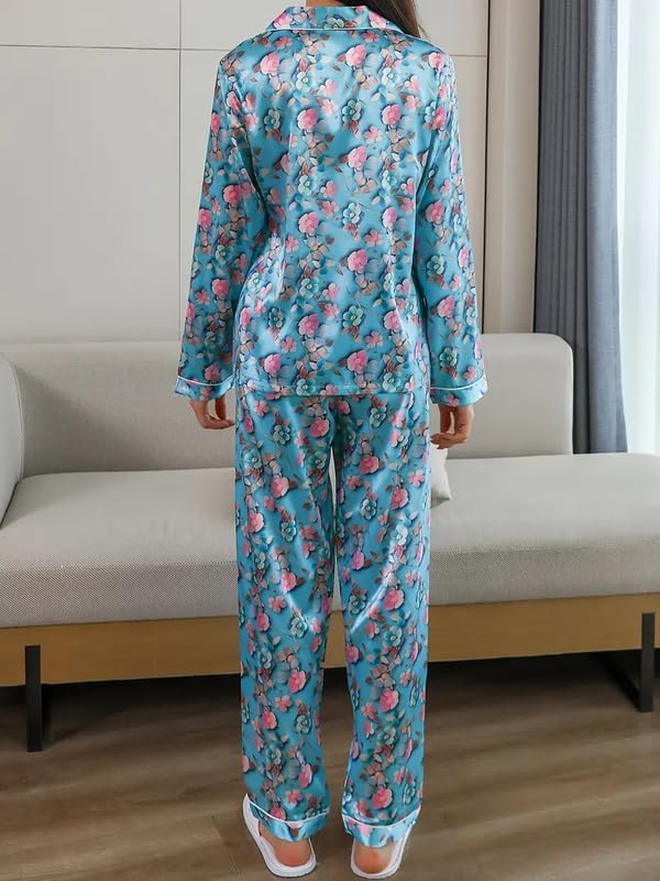 Image of Night Suit for Women with Full Sleeve Button-Down Top with Pant Dress for Woman, Night Dress for Woman, Cotton Two-Piece Loungewear Set