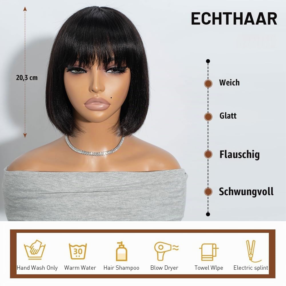 Joedir Straight Bob Perücke mit Pony 20 CM brasilianische kurze Echthaar-Perücken Schwarze Bob Perücke Echthaar keine Spitze vorne Kleberlose Perücken für Frauen