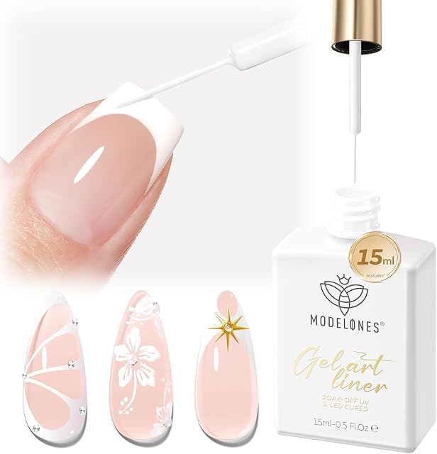 Modelones Liner à pointe en français blanc Gel polonais, 15 ML Classic Color Nail Art Paint Swirl avec mise à niveau fine ligne brosse savon hors U V DIY Accueil Salon Professional Manucure Design Cadeau pour les femmes