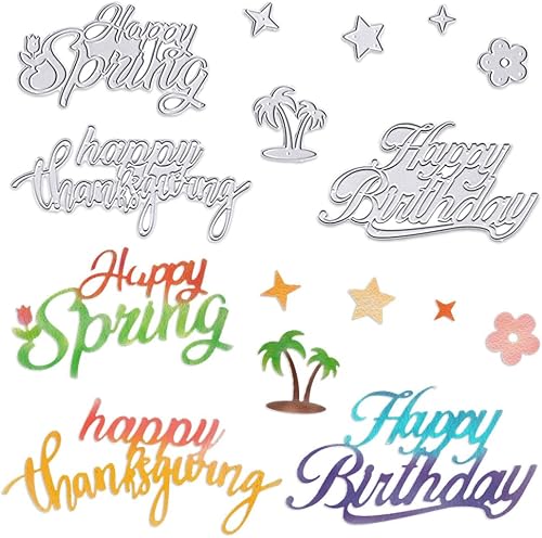 Hying Troqueles de corte de palabras de Acción de Gracias para hacer tarjetas, letras de feliz cumpleaños, flores de primavera, estrellas,