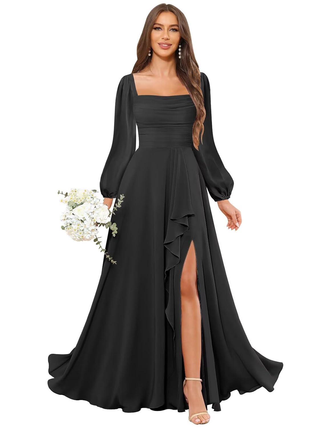 Long Sleeve Chiffon Bridesmaid Dresses Long for Women Square Neck Ruffle Formal Evening Gown with Slit