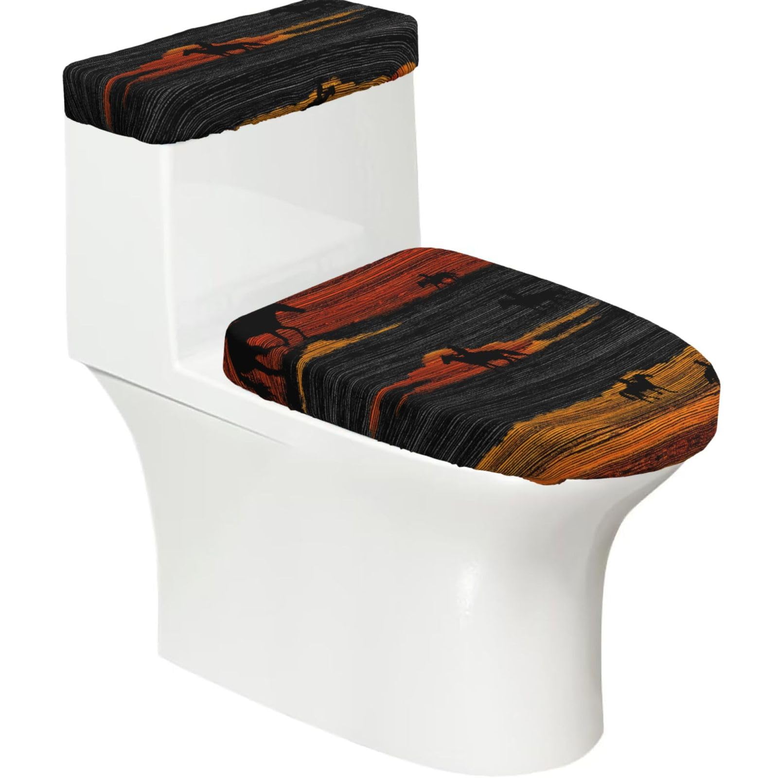 Wzycwb Black Sunset Horse 2-Piece Toilet Seat Cover Set With Tank Lid, Elastic Fit For U-Shape & Elongated Toilets, Bathroom Decor, Housewarming Gift