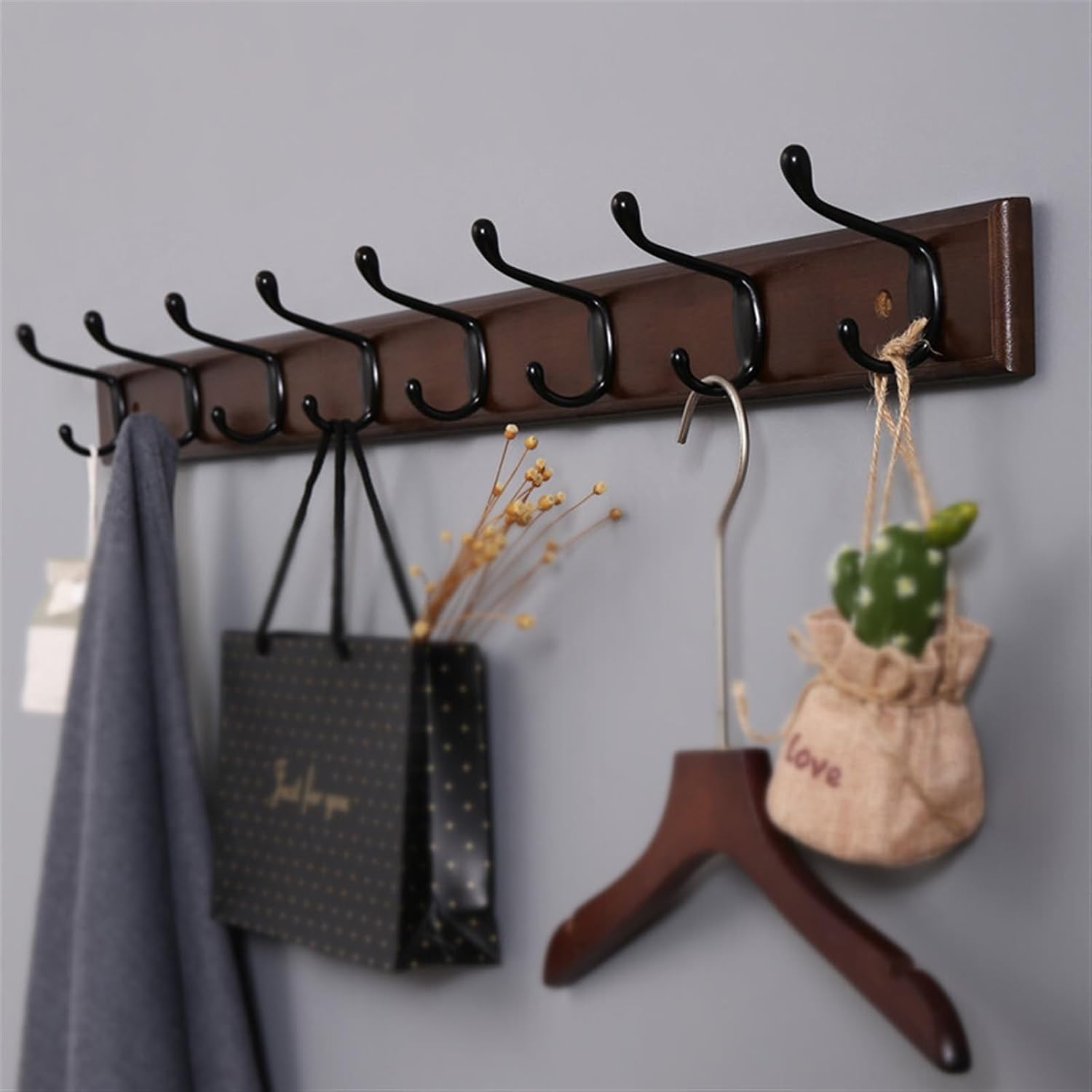 Coat Rack Coat Rack Wall Mount with 8 Black Hooks for Hanging Towels, Clothes, Hat, Bag Hanger Holder -– Heavy Duty Rustic Wood Rack Bathroom Entryway Wall Mounted Coat Rack