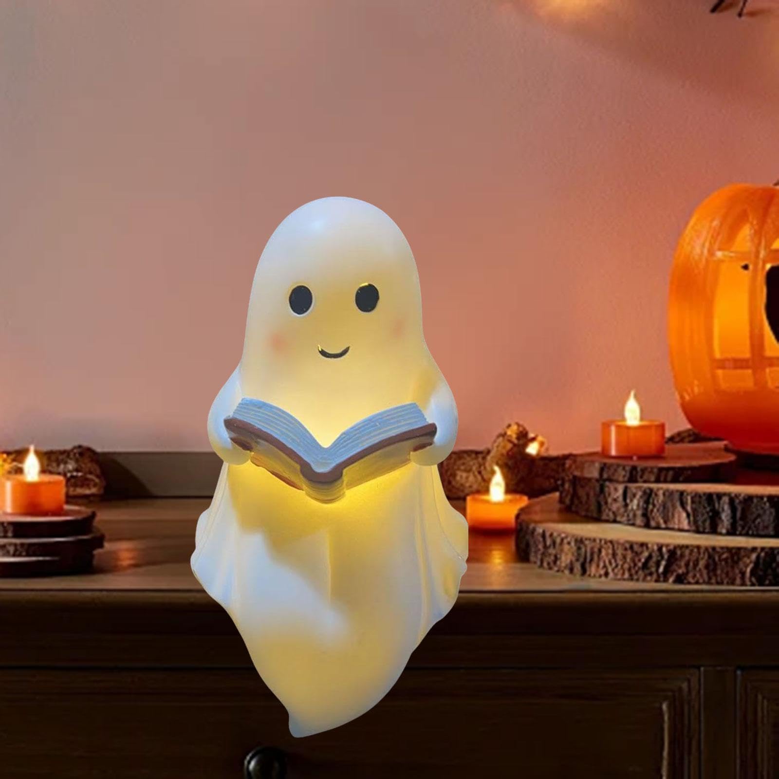 Geist Niedliche Nachtlampe Halloween Leselampe Buchfigur Resin Dekoration Beleuchtung für Wohnzimmer Schlafzimmer Bücherregal für Geschenk